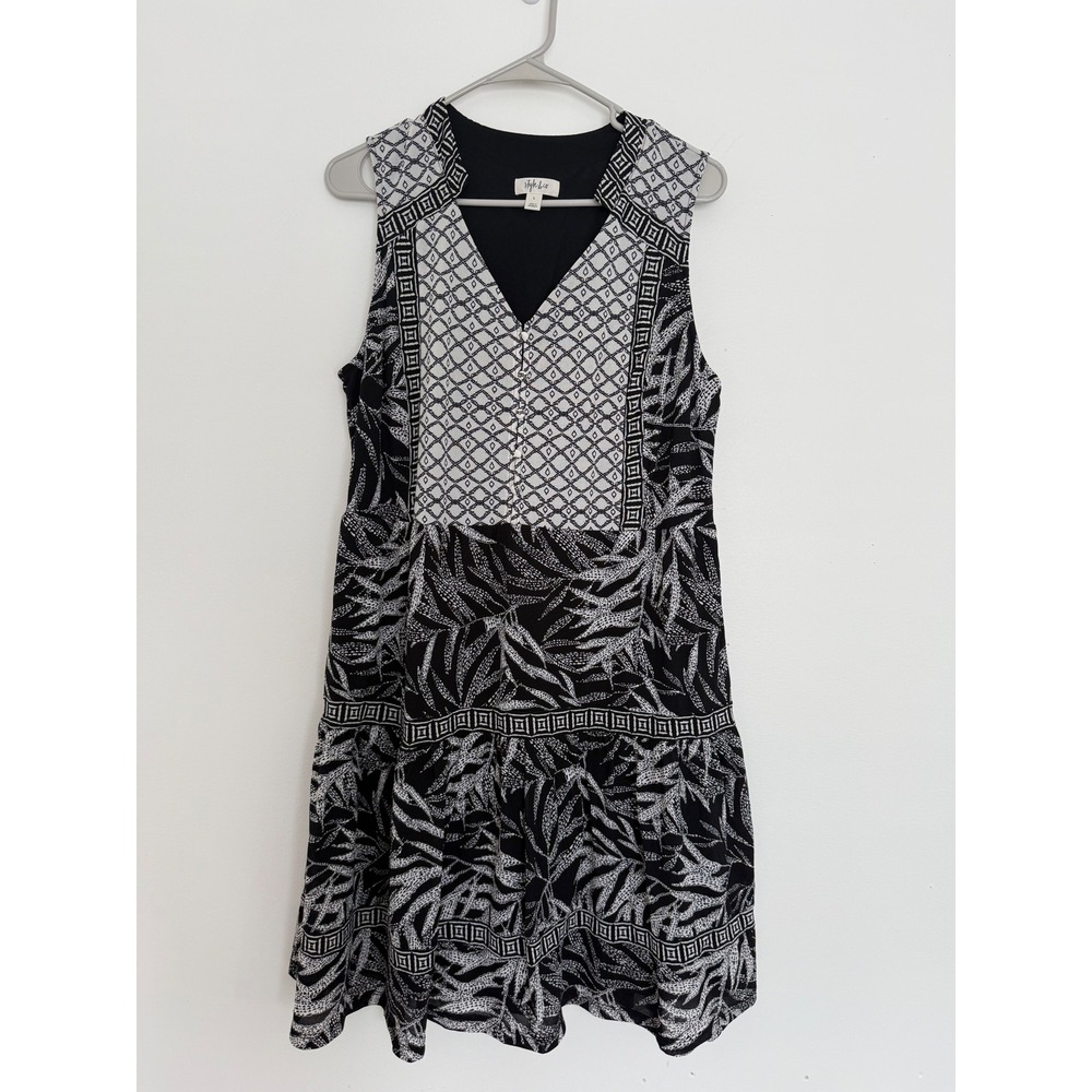 STYLE & CO FULLY LINED BLACK AND WHITE PALM PRINT Summer DRESS LARGE MIDI